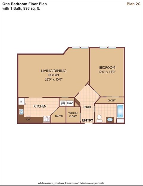 Floor plan for 1 bed, 1 bath, 998 sqft